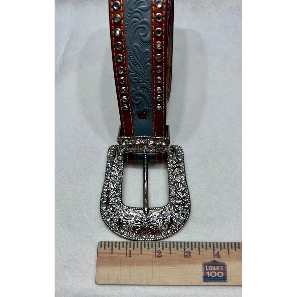 3-D Belt Womens Blue Tooled Leather Rhinestone Western Cowgirl Belt Size 32 647